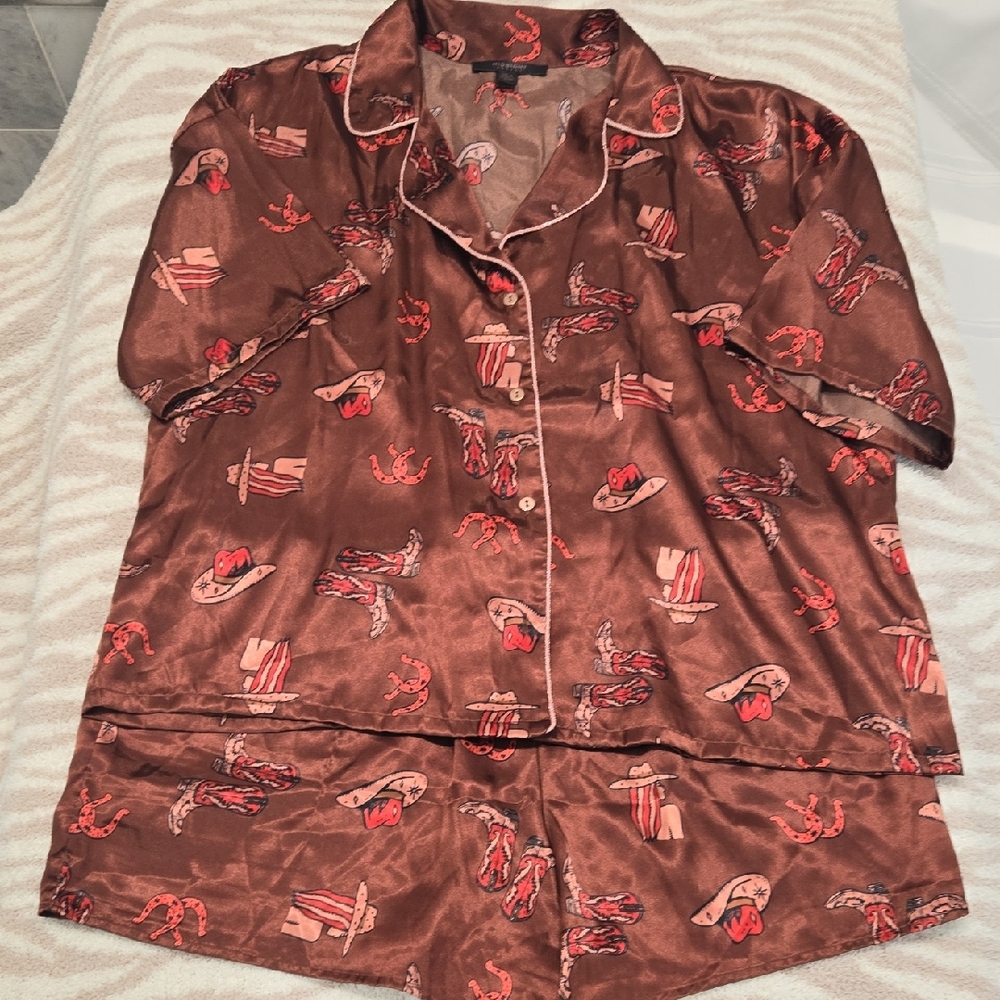 Women's Satin Pajama Set - Brown